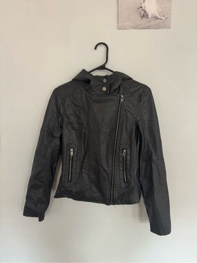 New Look Black Hooded Faux Leather Biker Jacket